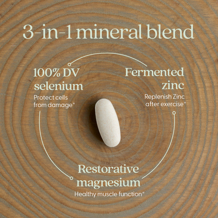 A single white pill from New Chapter’s Magnesium-Selenium-Zinc Supplement for Active Bodies is centered on a wood-textured background, highlighting the benefits of this unique 3-in-1 mineral blend.