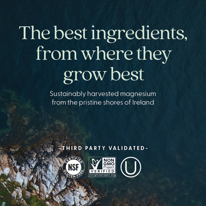 Text over an aerial view of rocky Irish coastline reads: “New Chapter Magnesium-Selenium-Zinc Supplement for Active Bodies—crafted with sustainably sourced minerals from Ireland’s pristine shores.” NSF Certified Gluten-Free, Non-GMO, and Kosher logos below.