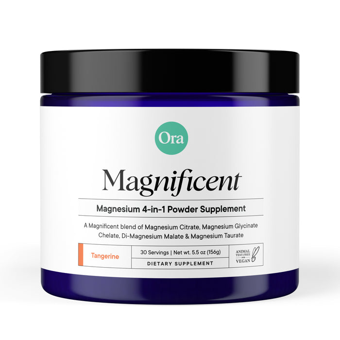 A blue container of Ora Organic Magnificent: 4-in-1 Magnesium Powder, tangerine flavor, 30 servings. This vegan supplement supports muscle recovery and sleep with four forms of magnesium listed on its label.