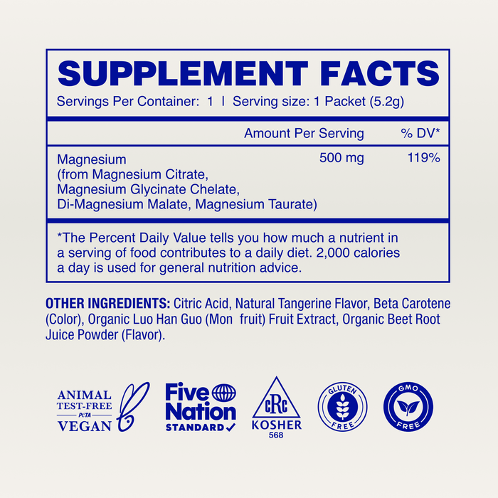 The supplement facts label for Ora Organic’s Magnificient: 4-in-1 Magnesium Powder shows 500 mg magnesium per serving (119% DV). Supports muscle recovery & sleep. Vegan, kosher, gluten-free, and non-GMO certifications appear at the bottom.