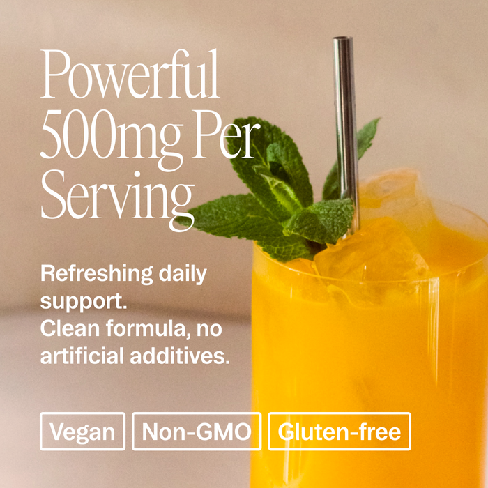 A glass of bright orange juice with a metal straw and mint leaves beside text highlighting Ora Organic Magnificient: 4-in-1 Magnesium Powder—500mg magnesium per serving for daily sleep, muscle recovery, clean, vegan, non-GMO & gluten-free.