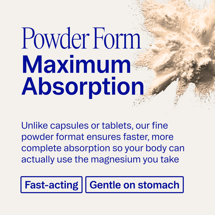 Ora Organic's Magnificient: 4-in-1 Magnesium Powder—fine powder form for maximum absorption, supporting restful sleep and muscle recovery. Fast-acting and gentle on the stomach.