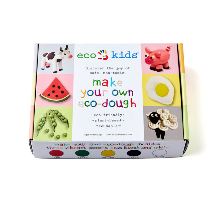 The Make Your Own Eco-Dough Set by eco-kids features a vibrant box displaying dough-crafted animals, watermelon, an egg, peas, and a sheep. With food-grade ingredients, this plant-based and reusable eco-dough ensures safe tactile exploration.