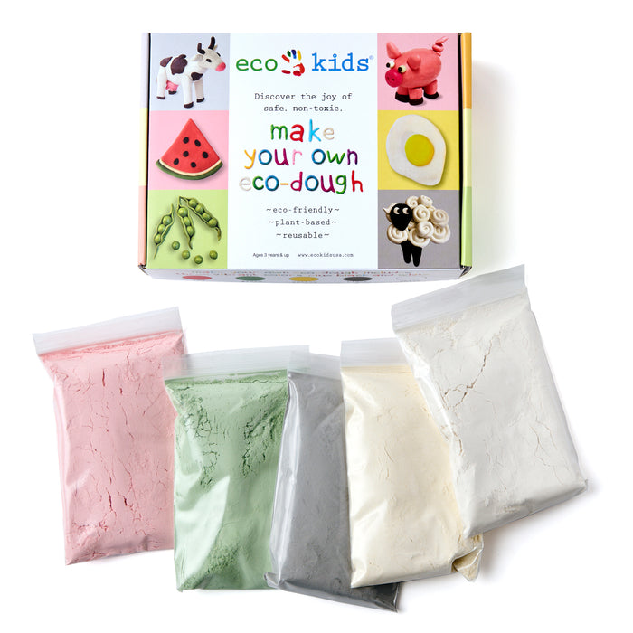 The eco-kids Make Your Own Eco-Dough Set includes a box with four bags of vibrant, food-grade plant-based dough in pink, green, white, and yellow. Featuring playful animal graphics, it offers endless fun and tactile exploration for little hands. Reusable and environmentally friendly!.