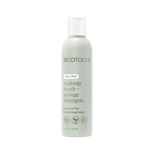 EcoTools Makeup Brush & Sponge Shampoo in light green packaging offers a deep clean with its hypoallergenic, paraben-free formula. Fragrance-free and dermatologist tested, it comes in a 6 fl oz (177 ml) bottle with a user-friendly white cap.