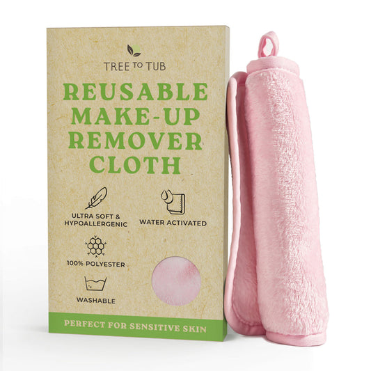 Tree To Tubs pink Makeup Remover Towel, made of 100% polyester, is showcased with its packaging emphasizing the ultra-soft, hypoallergenic material. This washable cloth offers a gentle cleanse when activated with water, ideal for sensitive skin.