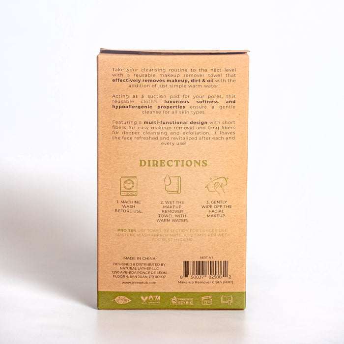 The image shows the back of a Tree To Tub Makeup Remover Towel box with three illustrated steps: machine wash before use, wet with warm water, and gently wipe off makeup. Made in China, it features eco-friendly logos and promises a hypoallergenic gentle cleanse.