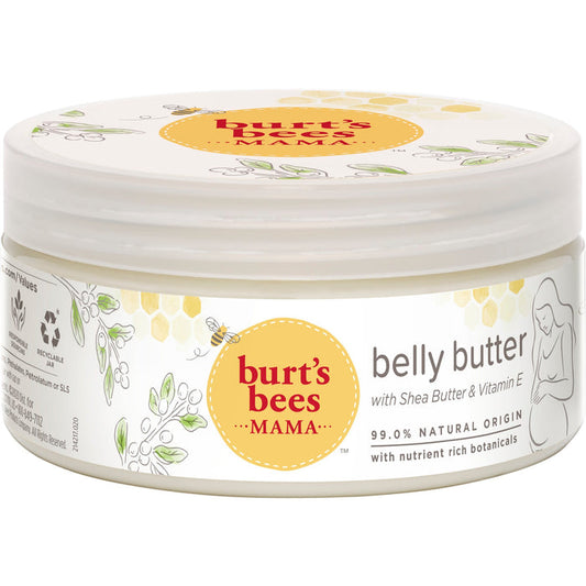 A round container of Mama Bee Belly Butter by Burts Bees is shown, ideal for stretch marks. The lid displays a yellow honeycomb and floral logo. The label highlights shea butter, vitamin E, and 99.0% natural origin ingredients.