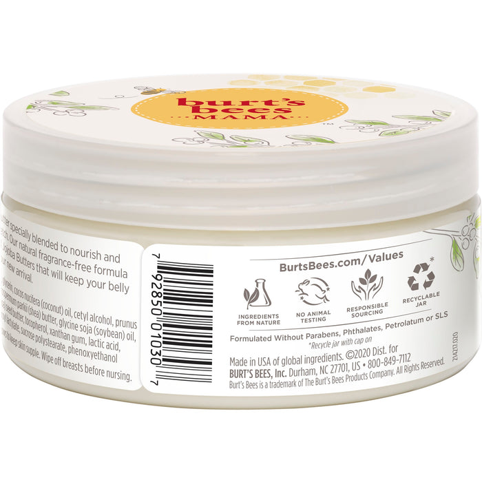 A round, white container of Burts Bees Mama Bee Belly Butter with a yellow lid features a label highlighting shea butter, bees, and flower illustrations. Its formulated without parabens, phthalates, or petrolatum and is ideal for smooth skin. Barcode is visible.