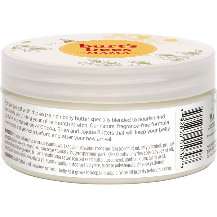 The Mama Bee Belly Butter by Burts Bees is in a round container featuring bee and sunflower designs. The label highlights shea butter, cocoa, and jojoba ingredients, making it a perfect stretch mark cream for pregnant women.