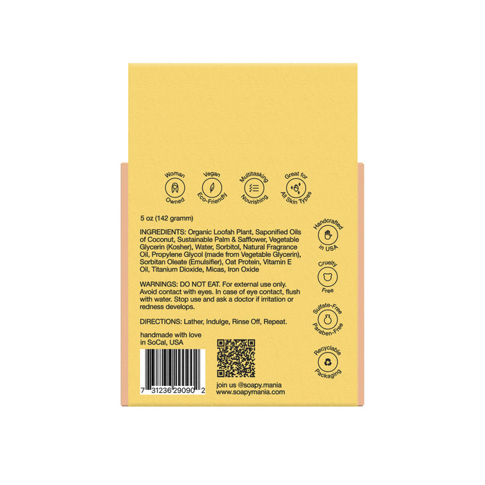 Back of a yellow Mango Coconut Sorbet Exfoliating Loofah Bar Soap box by Soapymania, showing natural vegan ingredients, warnings, directions, and vegan/cruelty-free/eco-friendly icons. Barcode and Soapymania contact info appear at the bottom.