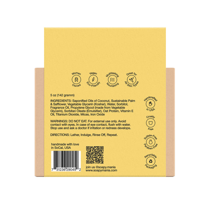 Back of Soapymania Mango Coconut Sorbet Hydrating Bar Soap shows a yellow label with natural vegan ingredients, warnings, directions, vegan & cruelty-free icons, contact info, barcode, and socials: @soapymania.
