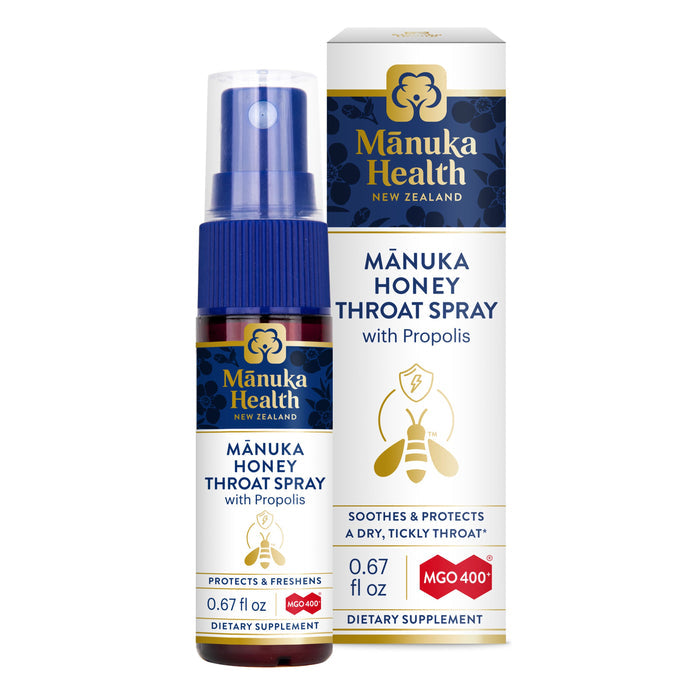 A 0.67 fl oz bottle and box of Manuka Healths Manuka Honey and Propolis Throat Spray, featuring MGO 400+ for enhanced effectiveness, highlights soothing and protective properties for immune support.