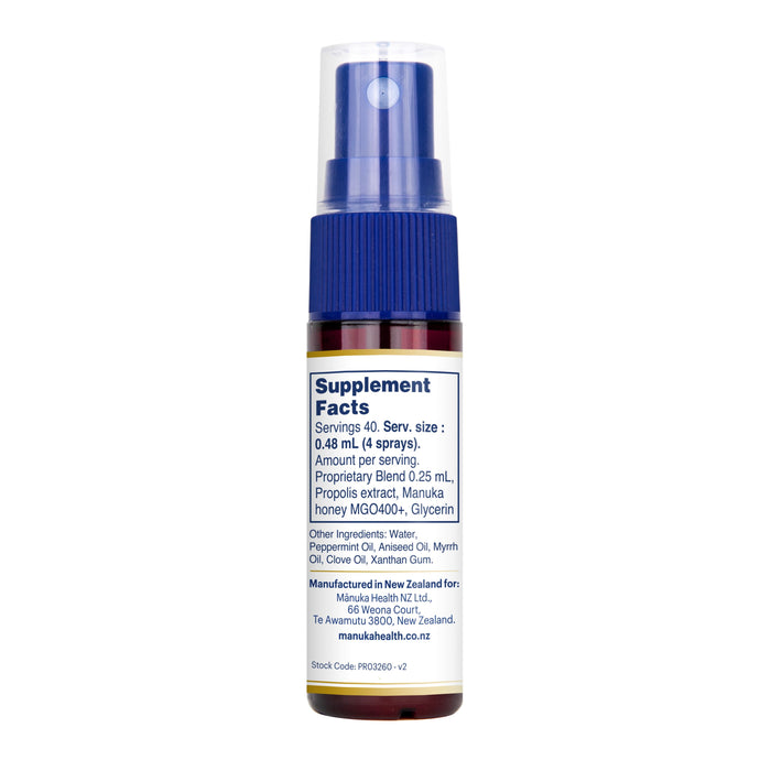 A small spray bottle features a blue cap and label marked with Supplement Facts and ingredients such as Manuka honey for immune support. It contains New Zealand Propolis and is crafted in New Zealand by Manuka Health. Product: Manuka Honey and Propolis Throat Spray.
