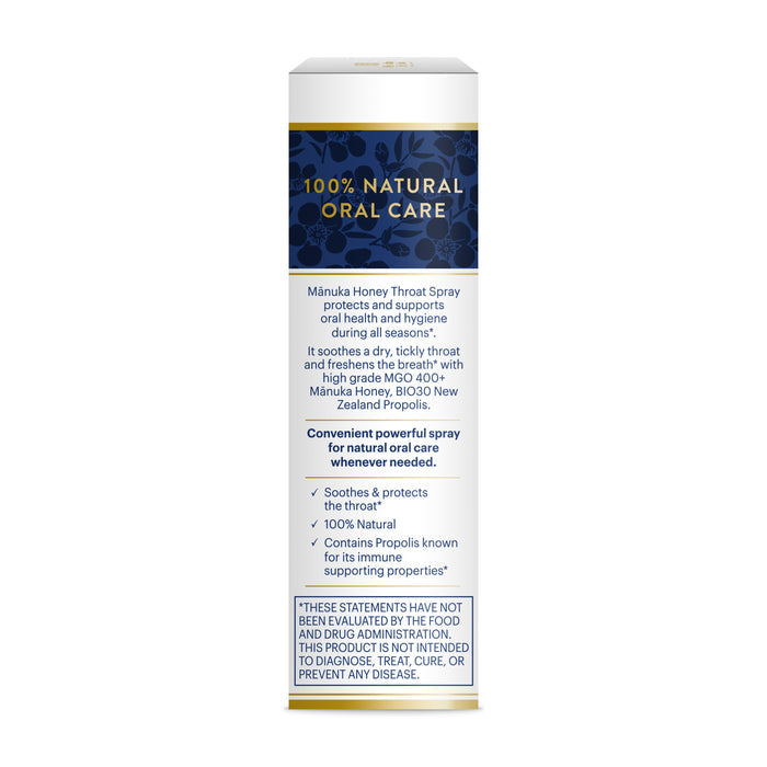 The 100% Natural Oral Care rectangular box from Manuka Health features a Manuka Honey and Propolis Throat Spray that soothes and supports oral health. Packed with New Zealand propolis for immune support, it showcases a clean white and blue design.