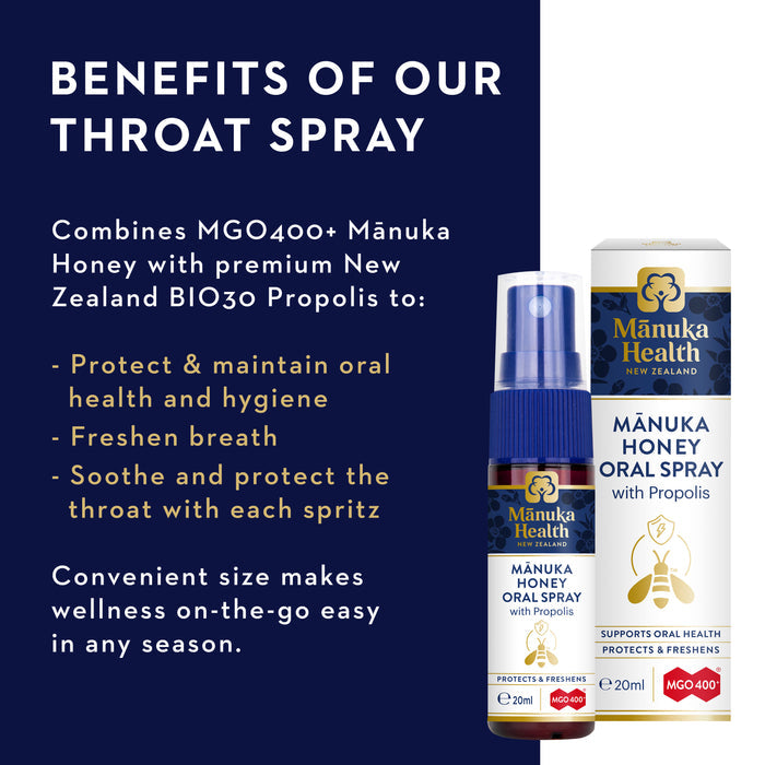 Image of a Manuka Health throat spray packaging. Text reads: "Benefits of our throat spray. Combines MGO400+ Mānuka Honey with premium New Zealand BIO30 Propolis to: Protect &amp; maintain oral health, freshen breath, soothe the throat. Convenient size.