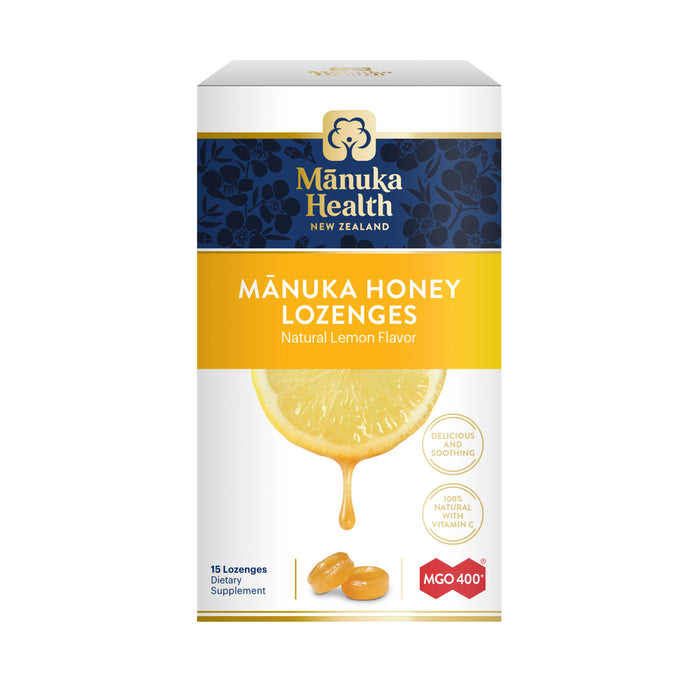Manuka Healths Manuka Honey Lozenges feature a zesty lemon flavor and highlight MGO 400+ and 100% Natural with Vitamin C on packaging with a lemon slice and honey drips. Each box contains 15 soothing lozenges.