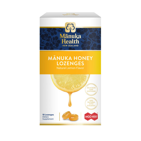 Manuka Healths Manuka Honey Lozenges feature a zesty lemon flavor and highlight MGO 400+ and 100% Natural with Vitamin C on packaging with a lemon slice and honey drips. Each box contains 15 soothing lozenges.