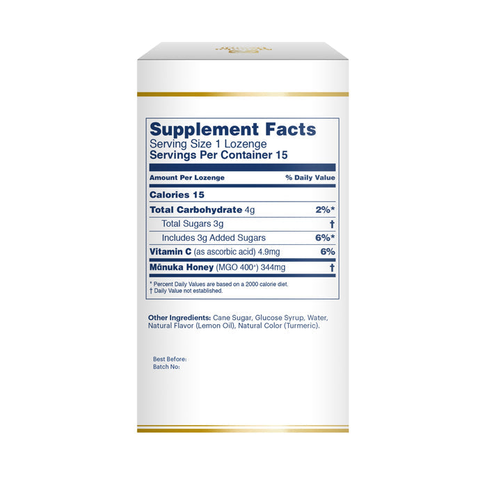 The Supplement Facts label on Manuka Healths elegant white and gold box highlights 15 calories per lozenge with blackcurrant, 344mg of Mānuka Honey (MGO 400+), Vitamin C, cane sugar, glucose syrup, water, and lemon oil.