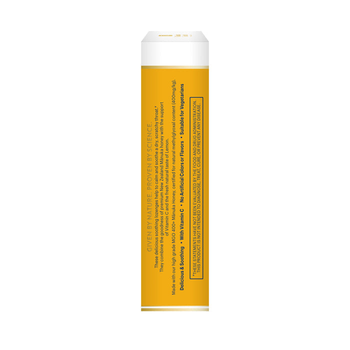 The Manuka Honey Lozenges by Manuka Health come in a cylindrical yellow container. They feature text detailing their natural, chemical-free ingredients, including MGO 400+ Manuka Honey. Made in America, these lozenges are suitable for vegetarians.