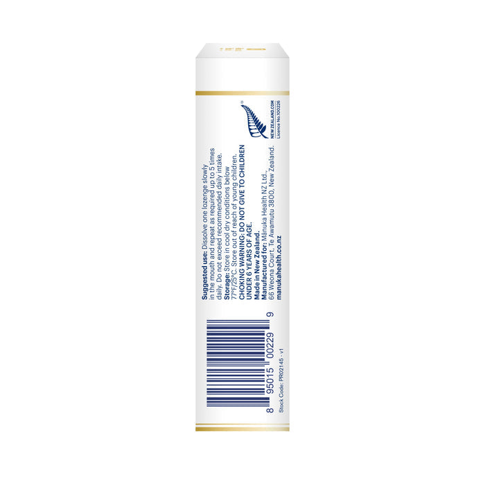 Side view of a white cylindrical bottle for Manuka Healths Manuka Honey Lozenges. The label displays supplement info, suggested use, and a barcode, with a small blue waterfall graphic near the top symbolizing the purity of Manuka Honey MGO 400+.