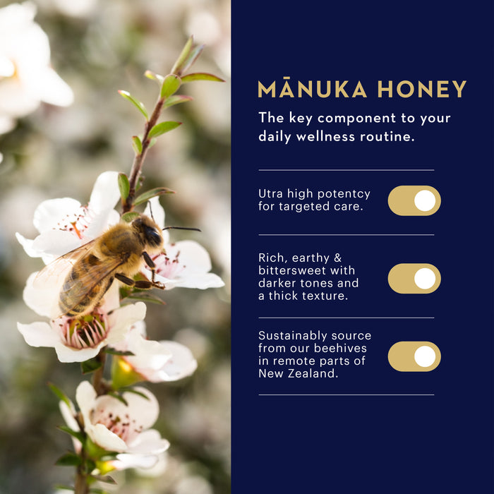A bee on a white flower next to a dark blue section with text about Manuka honey's wellness benefits. Includes features like high potency, rich flavor, and sustainable sourcing from New Zealand, with toggle icons beside each description.