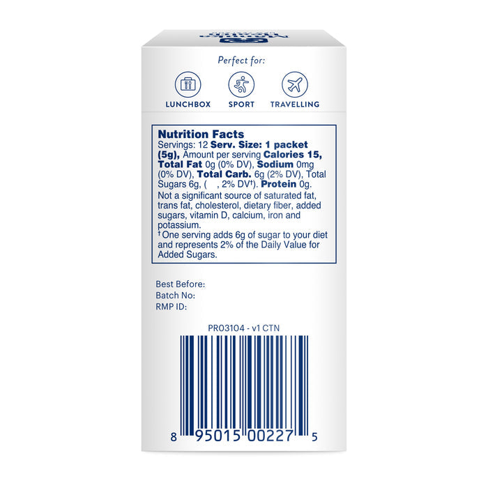 The Manuka Health Manuka Honey MGO 115+ On-the-Go Packets box displays nutrition facts like serving size, calories, and sodium. Ideal for lunchboxes, sports, or travel, it highlights the MGO 115+ benefits and includes a barcode at the bottom.