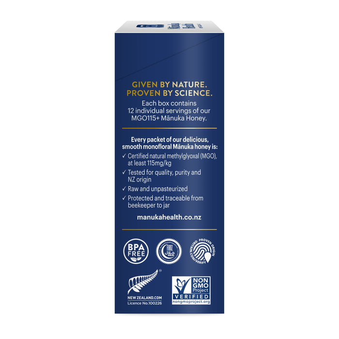 A blue box by Manuka Health showcases its premium MGO 115+ Manuka Honey On-the-Go Packets, highlighting raw, unpasteurized, UMF 6+ certified honey ensuring purity and traceability. BPA-free and non-GMO, it includes certification logos and a convenient website link.