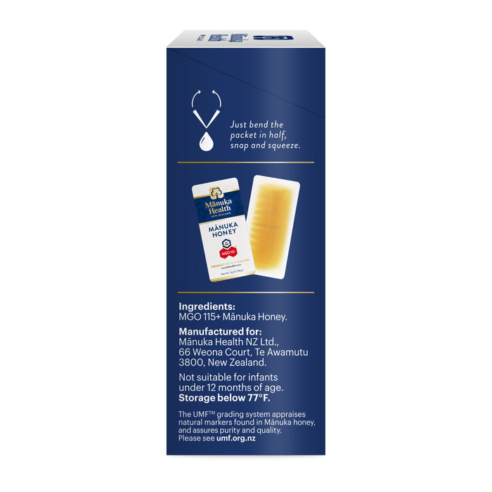 Image of Manuka Healths Manuka Honey MGO 115+ On-the-Go Packets, showing a honey packet next to a glass of honey. Instructions suggest bending and squeezing the packet. Ingredients and manufacturer details are listed for this New Zealand-based company, along with storage advice.