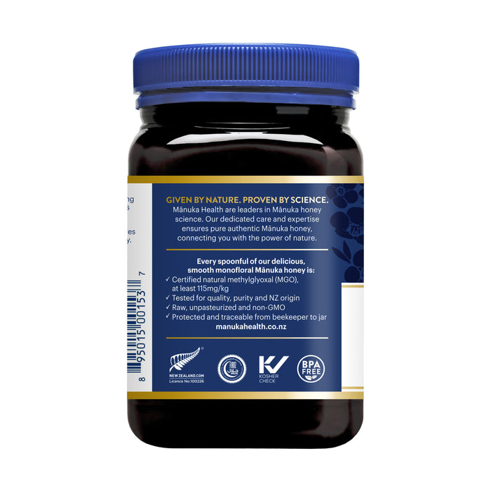 Manuka Healths Manuka Honey MGO 115+ / UMF 6+ has a blue lid and is pure monofloral honey from New Zealand. Its non-GMO, BPA-free, and tested for at least 515 mg/kg MGO. Visit manukahealth.co.nz for more information.