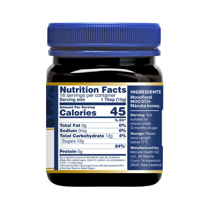Manuka Healths Manuka Honey MGO 573+ / UMF 16+ crafted in New Zealand offers nutrition facts: 45 calories per tablespoon, zero fat and sodium, and 12g carbohydrates all from sugars.