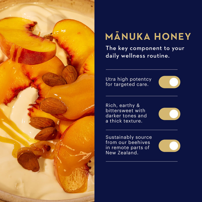 A bowl of yogurt topped with almond slices and peach slices. Text beside the image reads: "Mānuka Honey - The key component to your daily wellness routine," followed by features highlighting potency, flavor, and sustainable sourcing.