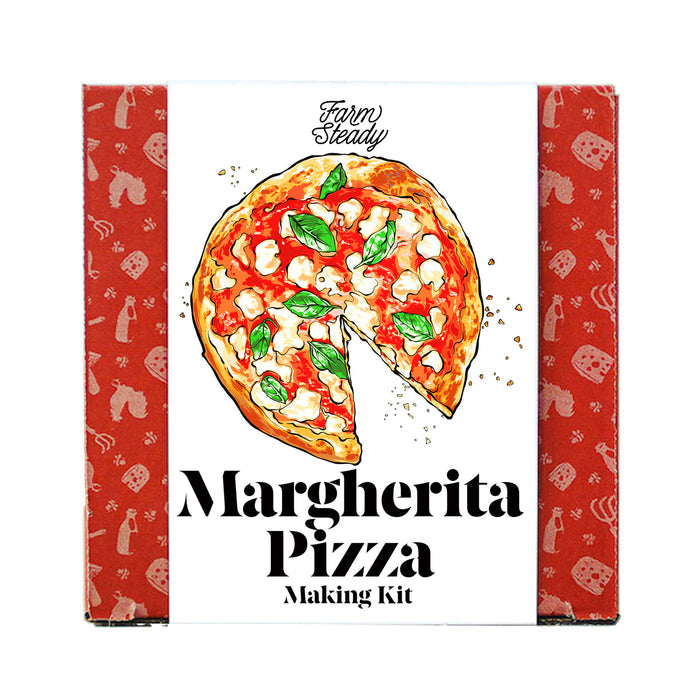 The FarmSteady Margherita Pizza Making Kit box showcases an illustration of a fresh Margherita pizza with mozzarella, basil, and tomato sauce, and prominently displays Margherita Pizza Making Kit, ensuring perfect pizza dough every time.