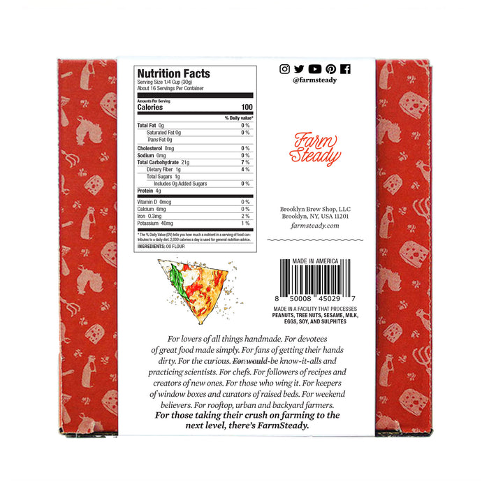 The image shows the back of FarmSteadys Margherita Pizza Making Kit. It includes nutrition facts, ingredients, a company description, social media handle, barcode, and a vivid taco illustration. The red background with white illustrations adds a charming touch similar to Margherita pizza packaging.
