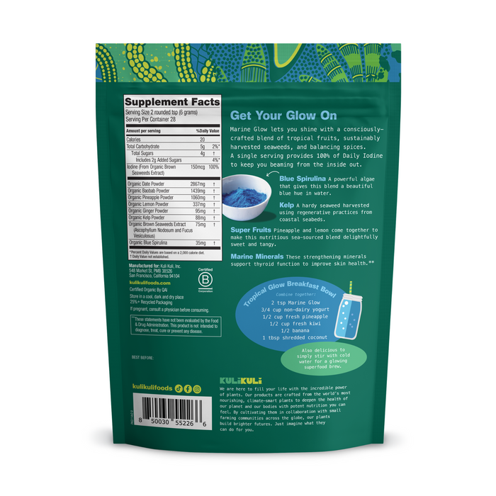 Back of a Kuli Kuli Foods Marine Glow Organic Luminizing Blend pouch, showing nutrition and supplement facts, usage directions, benefits of marine minerals and tropical fruits, plus vibrant green/blue seaweed-themed packaging.