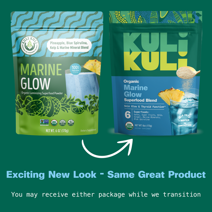 Two bags of Kuli Kuli Foods Marine Glow Organic Luminizing Blend are shown: old and new designs. Made with sustainably harvested seaweeds. Exciting new look—same great product! You may receive either package during our transition.