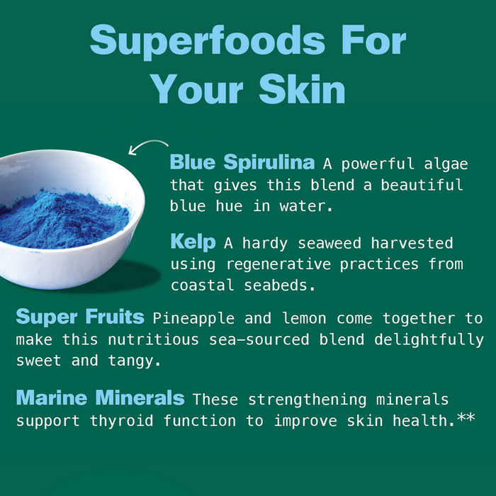On the left, a bowl holds Marine Glow Organic Luminizing Blend by Kuli Kuli Foods. To the right, text on a green background highlights blue spirulina, tropical fruits, and seaweeds as superfoods for skin.