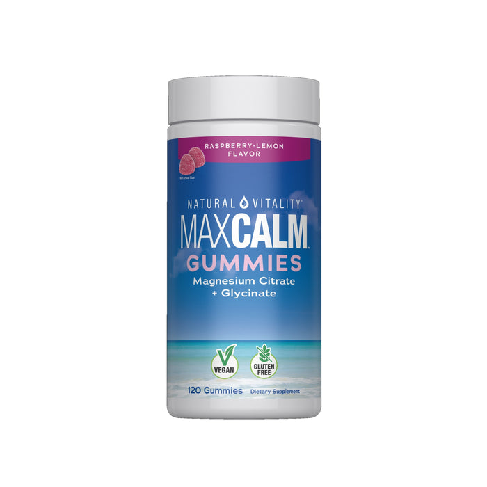 A bottle of MAXCALM Raspberry Gummies by Natural Vitality contains 120 magnesium gummies with glycine for stress support. The label states it is vegan, gluten-free, and a dietary supplement.