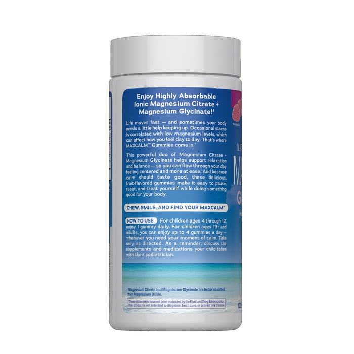 Back label of Natural Vitality MAXCALM Raspberry Gummies, with usage directions, magnesium benefits for stress support, and dosage info for adults and kids over 4 years.