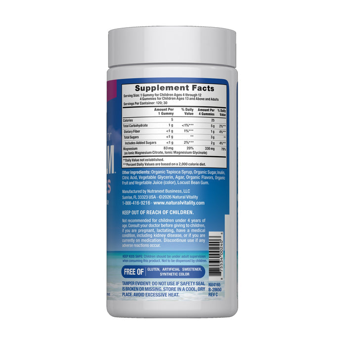 A white bottle displays the Supplement Facts label for MAXCALM Raspberry Gummies by Natural Vitality, listing ingredients, nutrition, manufacturer info, usage warnings, and noting it's gluten-free, dairy-free, and has no artificial sweeteners for natural stress relief.