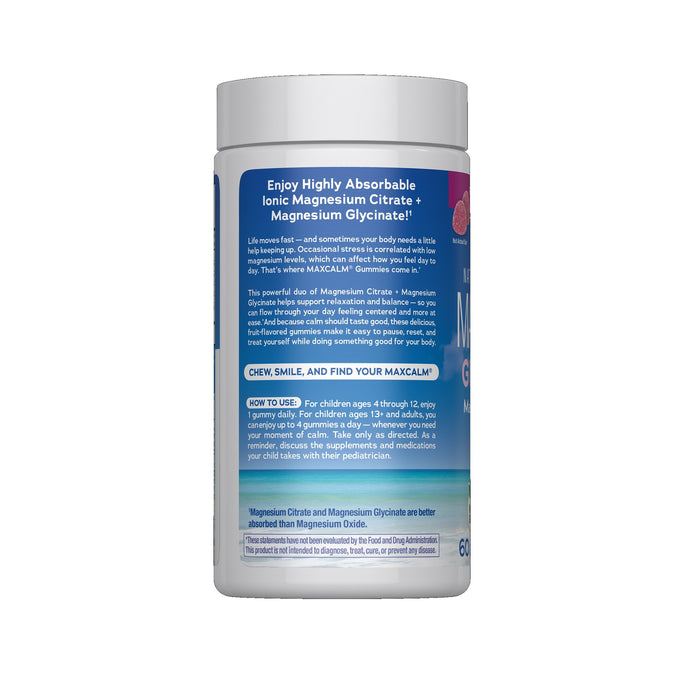 A white bottle of Natural Vitality MAXCALM Raspberry Gummies displays the back label with directions, product info, and usage instructions in blue and white text. The bottle contains 60 gummies designed to support stress relief.