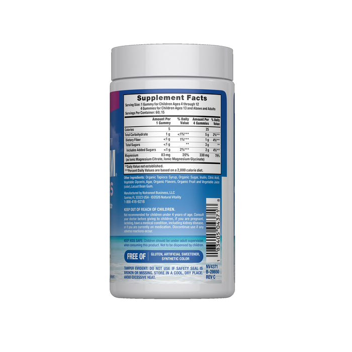 The image shows the back of a MAXCALM Raspberry Gummies bottle by Natural Vitality, featuring a “Supplement Facts” label with ingredients and nutrition info. The bottle is white with a blue and purple label. These magnesium gummies support stress relief.