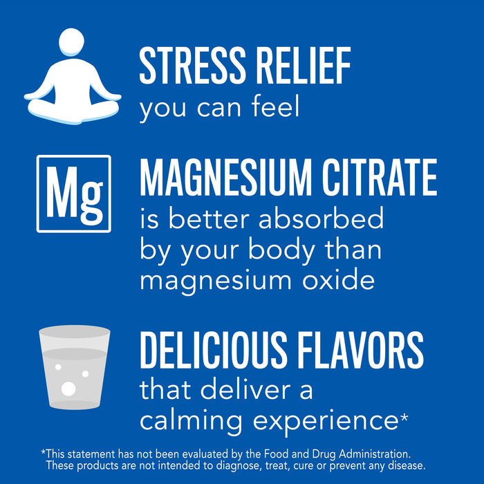 A blue background image features text promoting stress relief and muscle relaxation using Natural Vitalitys Calm Magnesium Powder, which has better absorption than magnesium oxide. Enjoy delicious flavors for a calming experience. FDA evaluation disclaimer appears at the bottom.