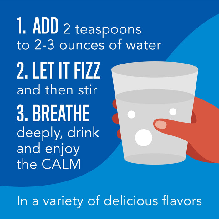 Illustration of instructions for Natural Vitalitys Calm Magnesium Powder: A hand holds a glass. 1. Add 2 teaspoons to 2-3 ounces of water. 2. Let it fizz and stir. 3. Breathe deeply, drink, and enjoy the calm as stress management unfolds in a variety of flavors.