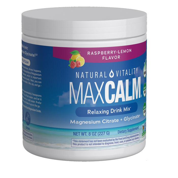 A container of Natural Vitality MAX CALM Magnesium Powder, raspberry-lemon flavor, with magnesium citrate & glycinate for stress relief. The 8 oz label displays fruit images in calming blue and purple tones.