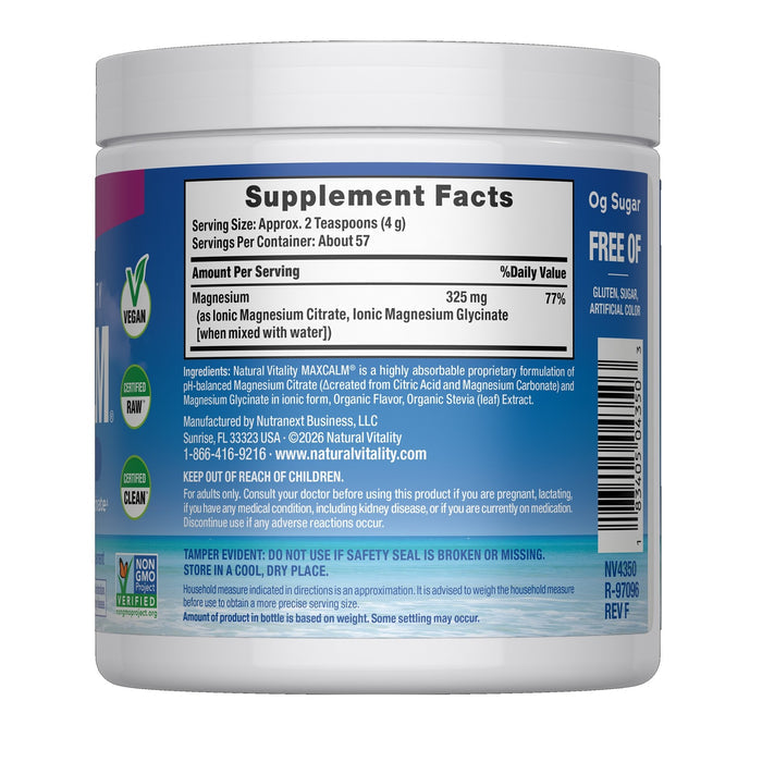The back label of Natural Vitality's MAX CALM Magnesium Powder shows the Supplement Facts, listing magnesium content for stress relief and sleep support, serving size, vegan/non-GMO/gluten-free/sugar-free certifications, and product info.