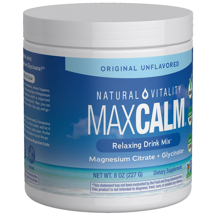 Natural Vitality MAX CALM Magnesium Powder is an original unflavored dietary supplement with citrate and glycinate that supports stress relief. Net weight: 8 oz (227 g).