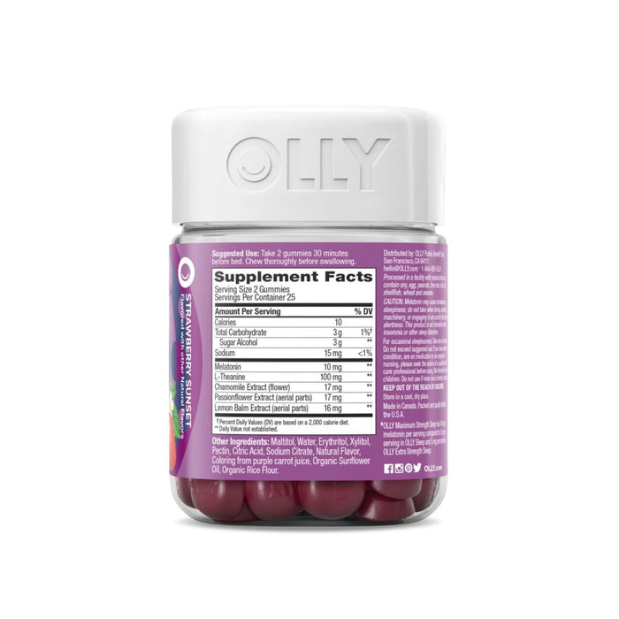 A bottle of OLLY Maximum Strength Sleep Gummies with a purple label and white translucent cap catches the eye. The front text reads Keep Calm & Stay Alert, hinting at L-Theanines calming power, while the back displays supplement facts and ingredients in crisp white text.