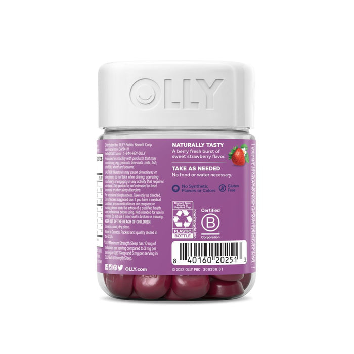 A clear plastic bottle with a white lid, labeled OLLY, holds red Maximum Strength Sleep Gummies infused with melatonin. The purple label displays instructions and certifications like Naturally Tasty and Certified Plastic Neutral.