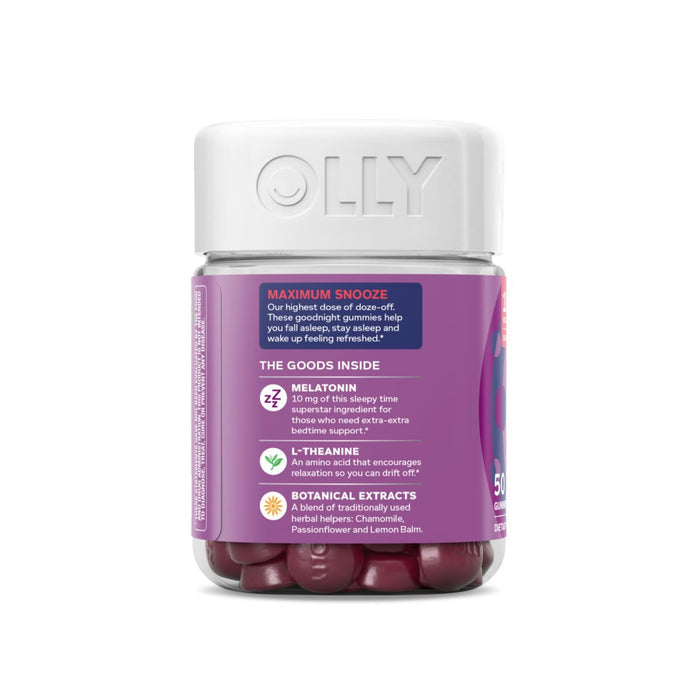 A container of OLLYs Maximum Strength Sleep Gummies features a purple label showcasing ingredients like melatonin and L-theanine for better rest, with a transparent design and white lid, promising improved sleep quality.